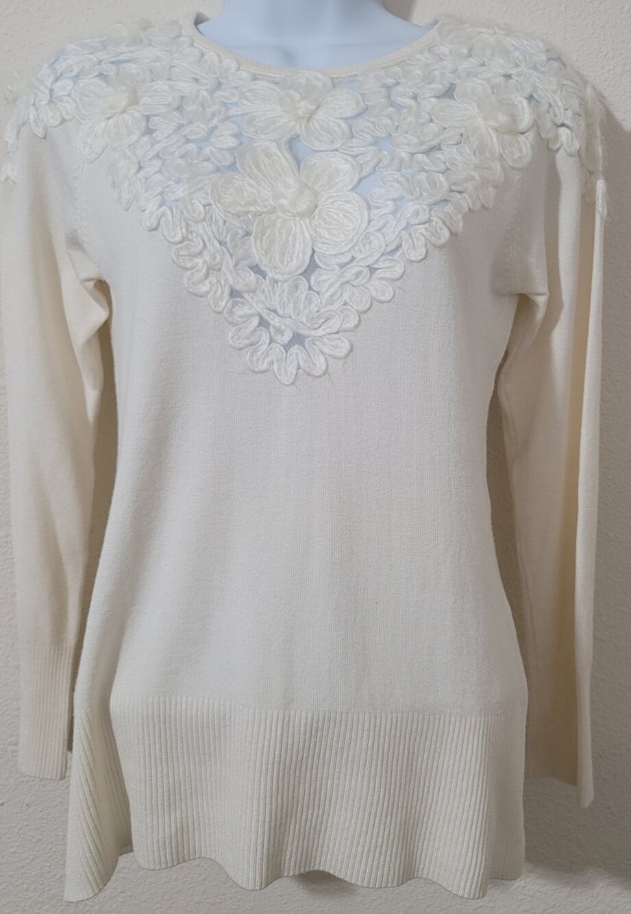 Laseine Cream Soft Stitched Flowers On Bodice Sweater Small Long Sleeve Delicate